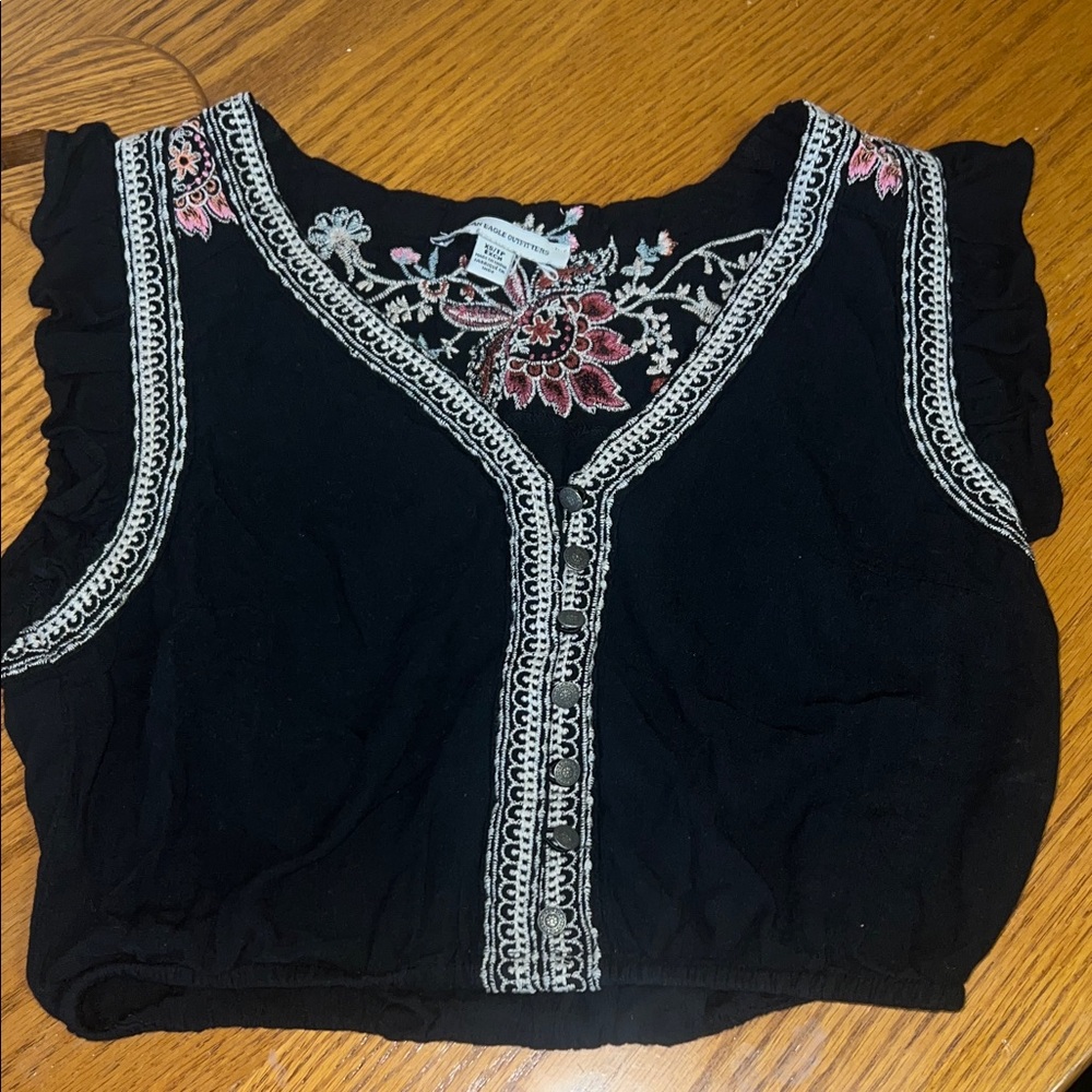Embroidered American Eagle crop top Black Sleeveless ruffle Top
